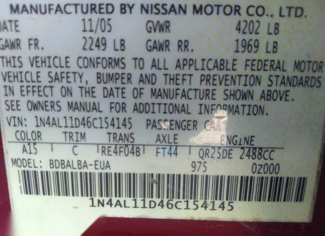 1N4AL11D46C154145 2006 2006 Nissan Altima- 2-5 S 9