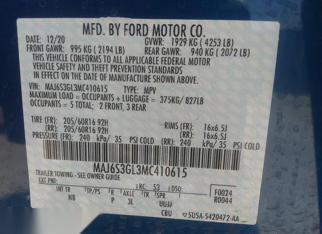 MAJ6S3GL3MC410615 2021 2021 Ford Ecosport- SE 9