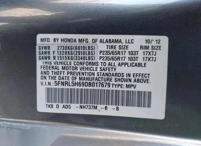 5FNRL5H69DB017679 2013 2013 Honda Odyssey- Ex-L 9