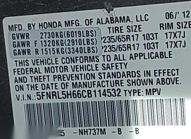 5FNRL5H66CB114532 2012 2012 Honda Odyssey- Ex-L 9