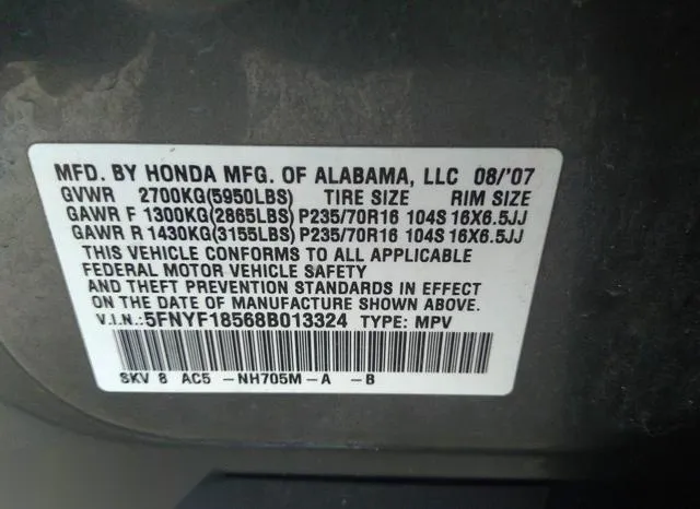 5FNYF18568B013324 2008 2008 Honda Pilot- Ex-L 9