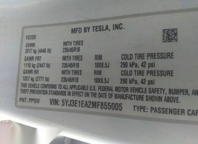 5YJ3E1EA2MF855005 2021 2021 Tesla Model 3- Standard Range P 9