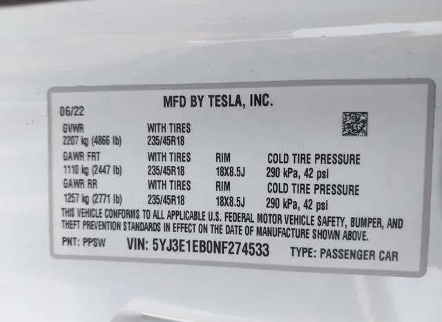 5YJ3E1EB0NF274533 2022 2022 Tesla Model 3- Long Range Dual M 9