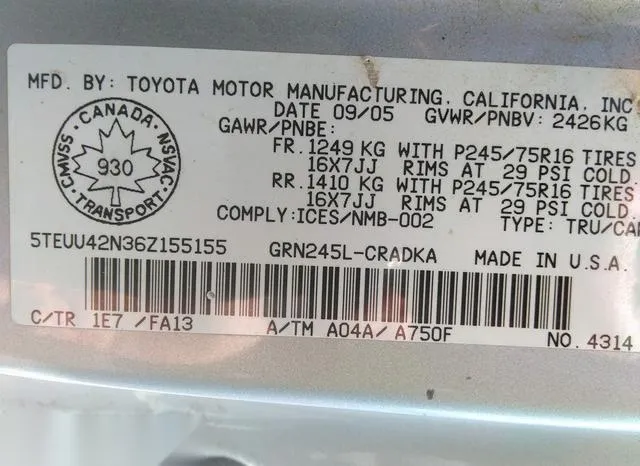 5TEUU42N36Z155155 2006 2006 Toyota Tacoma- Base V6 9