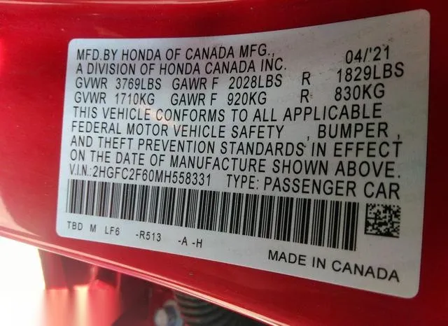 2HGFC2F60MH558331 2021 2021 Honda Civic- LX 9