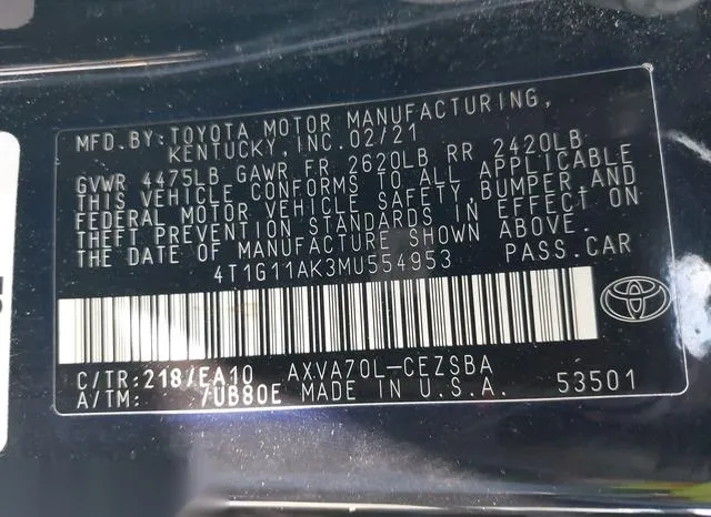 4T1G11AK3MU554953 2021 2021 Toyota Camry- SE 9