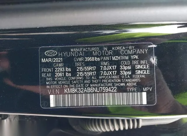 KM8K32AB6NU759422 2022 2022 Hyundai Kona- Sel 9