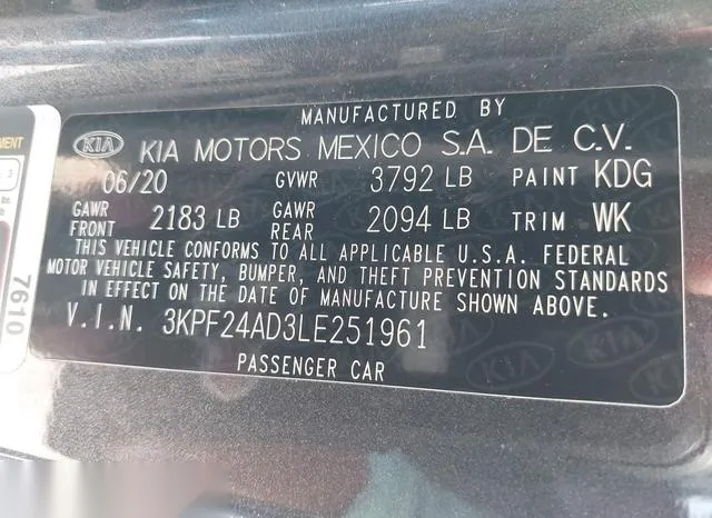 3KPF24AD3LE251961 2020 2020 KIA Forte- Lxs 9