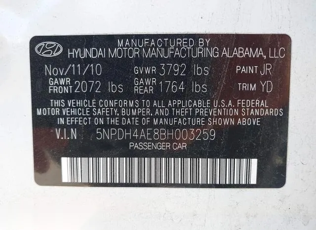 5NPDH4AE8BH003259 2011 2011 Hyundai Elantra- Gls 9