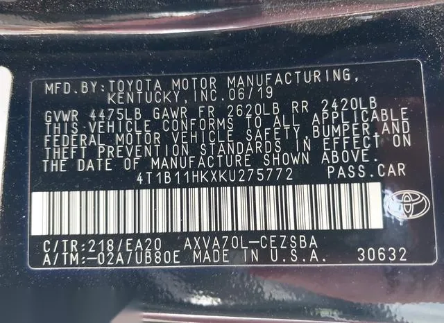 4T1B11HKXKU275772 2019 2019 Toyota Camry- SE 9