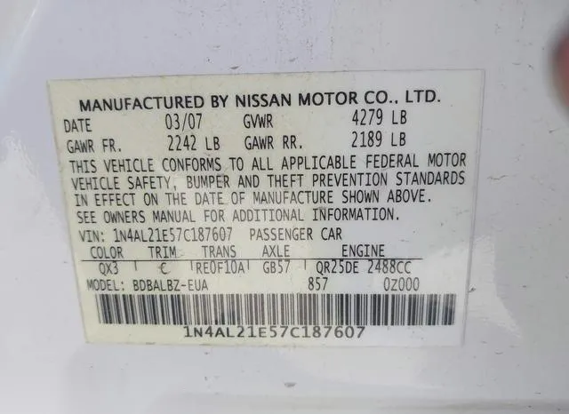 1N4AL21E57C187607 2007 2007 Nissan Altima- 2-5 S 9