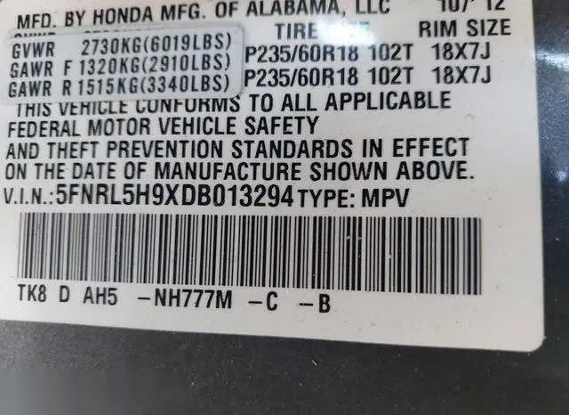 5FNRL5H9XDB013294 2013 2013 Honda Odyssey- Touring/Touring E 9