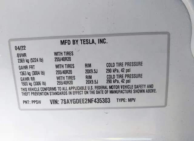 7SAYGDEE2NF435303 2022 2022 Tesla Model Y- Long Range Dual 9