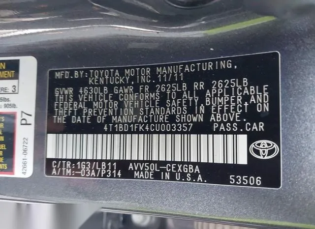 4T1BD1FK4CU003357 2012 2012 Toyota Camry- Hybrid Xle 9