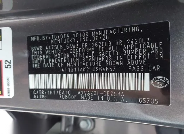 4T1G11AK2LU964657 2020 2020 Toyota Camry- SE 9