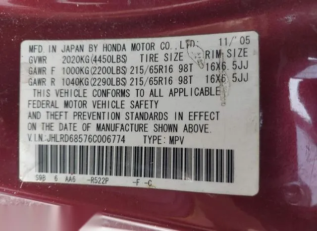 JHLRD68576C006774 2006 2006 Honda CR-V- LX 9