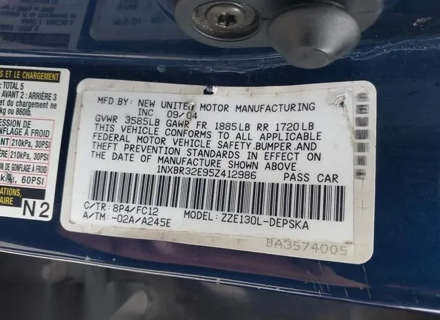 1NXBR32E95Z412986 2005 2005 Toyota Corolla- S 9