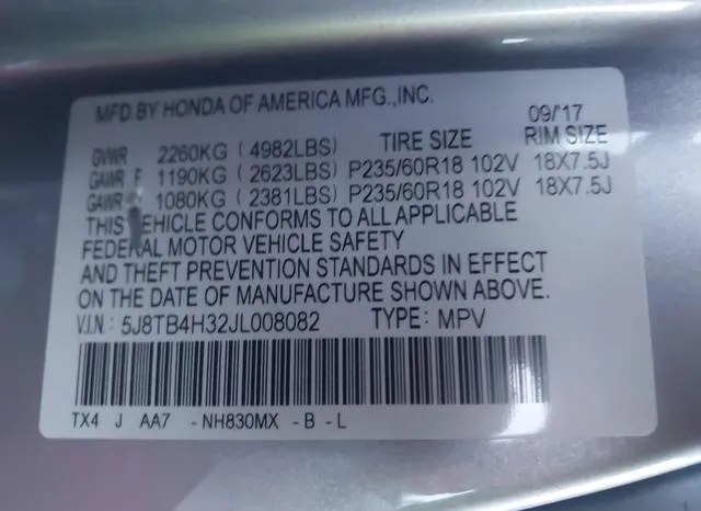 5J8TB4H32JL008082 2018 2018 Acura RDX- Acurawatch Plus Package 9