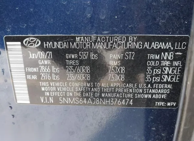 5NMS64AJ8NH376474 2022 2022 Hyundai Santa Fe- Sel 9