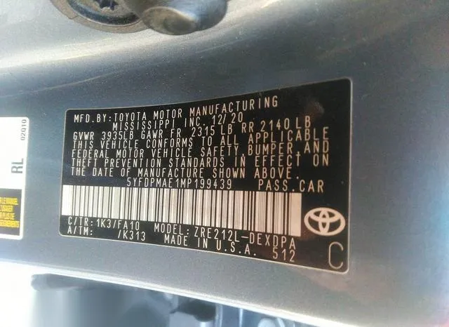 5YFDPMAE1MP199439 2021 2021 Toyota Corolla- L 9