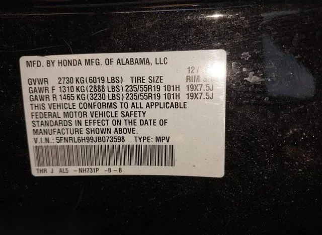 5FNRL6H99JB073598 2018 2018 Honda Odyssey- Elite 9