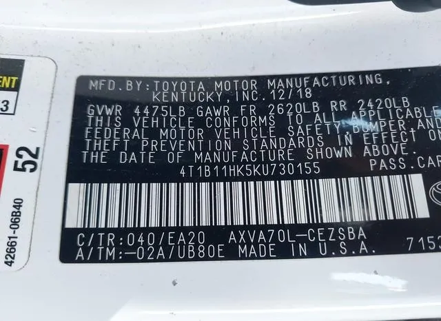 4T1B11HK5KU730155 2019 2019 Toyota Camry- SE 9