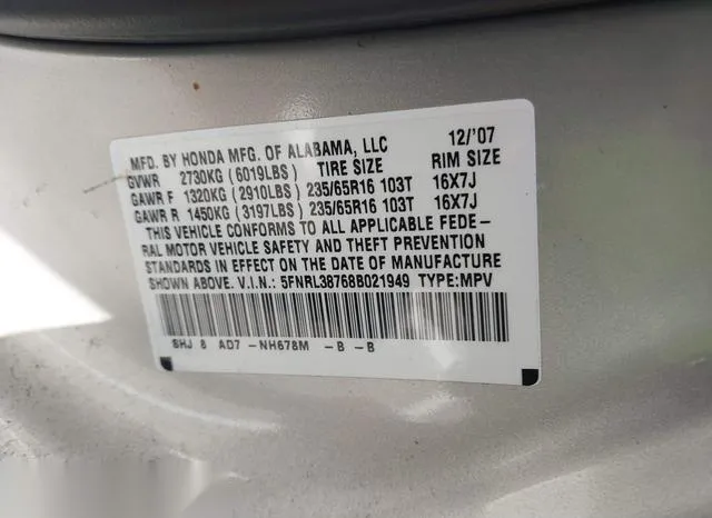 5FNRL38768B021949 2008 2008 Honda Odyssey- Ex-L 9