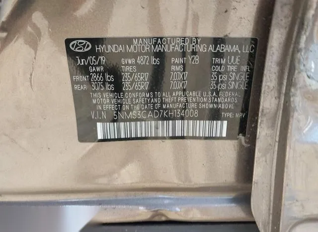 5NMS3CAD7KH134008 2019 2019 Hyundai Santa Fe- Sel 9