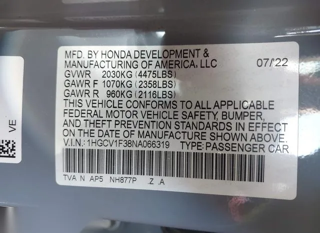 1HGCV1F38NA066319 2022 2022 Honda Accord- Sport 9