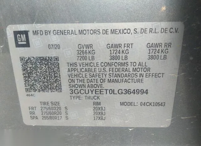 3GCUYEET0LG364994 2020 2020 Chevrolet Silverado 1500- 4Wd  S 9