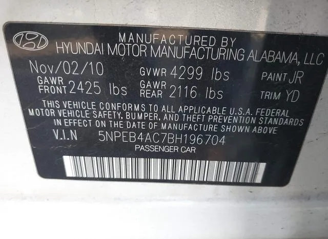 5NPEB4AC7BH196704 2011 2011 Hyundai Sonata- Gls 9