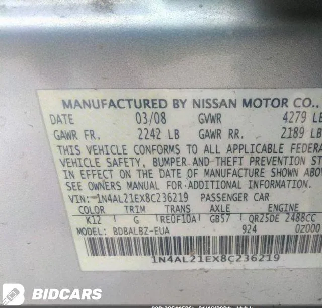 1N4AL21EX8C236219 2008 2008 Nissan Altima- 2-5 S 9