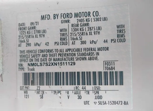 NM0LS7S2XN1511129 2022 2022 Ford Transit- Connect XL 9