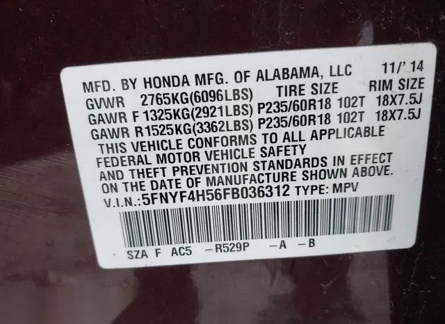 5FNYF4H56FB036312 2015 2015 Honda Pilot- Ex-L 9