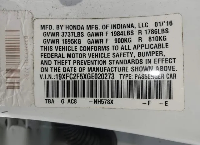 19XFC2F5XGE020273 2016 2016 Honda Civic- LX 9