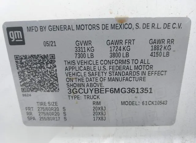 3GCUYBEF6MG361351 2021 2021 Chevrolet Silverado 1500- 4Wd  S 9