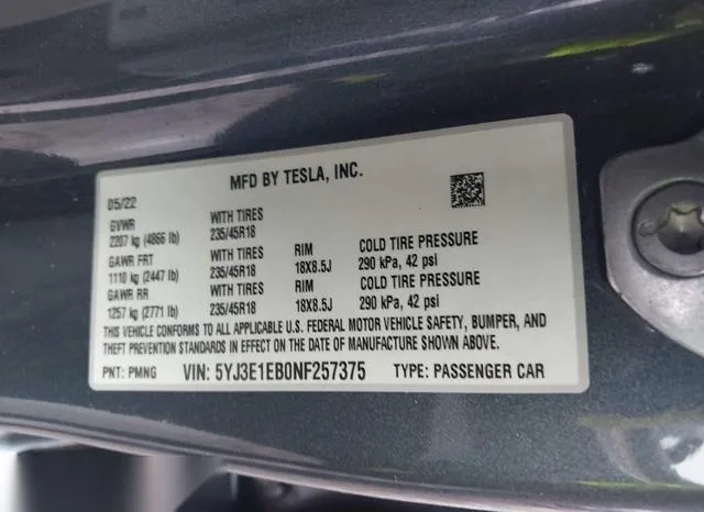 5YJ3E1EB0NF257375 2022 2022 Tesla Model 3- Long Range Dual M 9