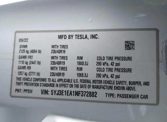 5YJ3E1EA1NF372882 2022 2022 Tesla Model 3 9