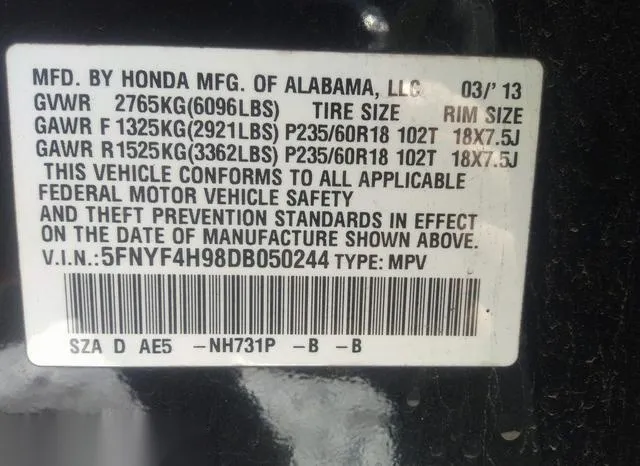 5FNYF4H98DB050244 2013 2013 Honda Pilot- Touring 9