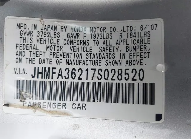 JHMFA36217S028520 2007 2007 Honda Civic- Hybrid 9