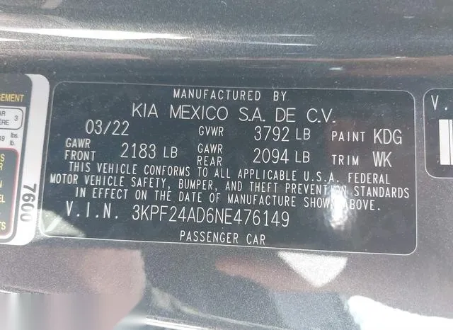 3KPF24AD6NE476149 2022 2022 KIA Forte- FE 9