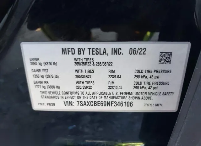 7SAXCBE69NF346106 2022 2022 Tesla Model X- Plaid Tri Motor A 9