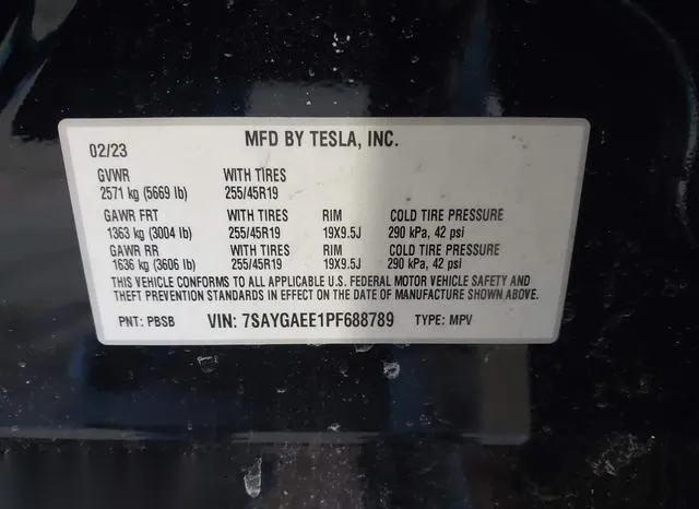 7SAYGAEE1PF688789 2023 2023 Tesla Model Y 9