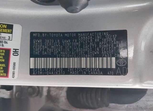 2T1BURHE6JC008807 2018 2018 Toyota Corolla- SE 9