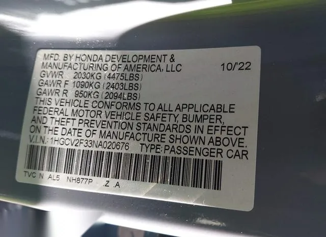 1HGCV2F33NA020676 2022 2022 Honda Accord- Sport 2-0T 9