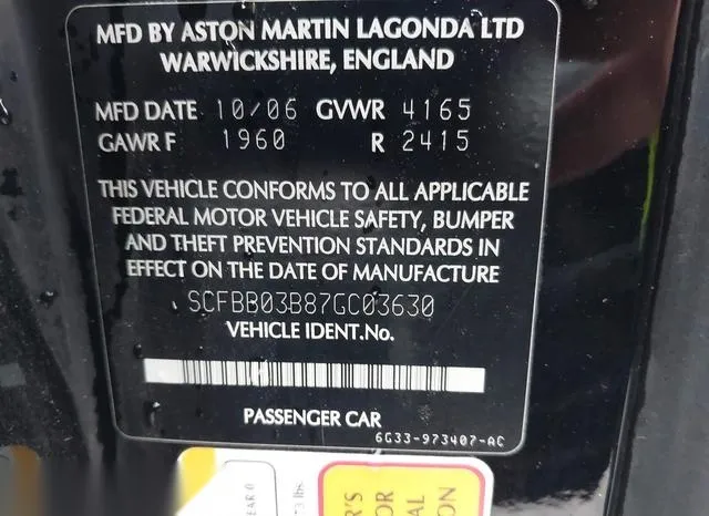 SCFBB03B87GC03630 2007 2007 Aston Martin V8 Vantage 9