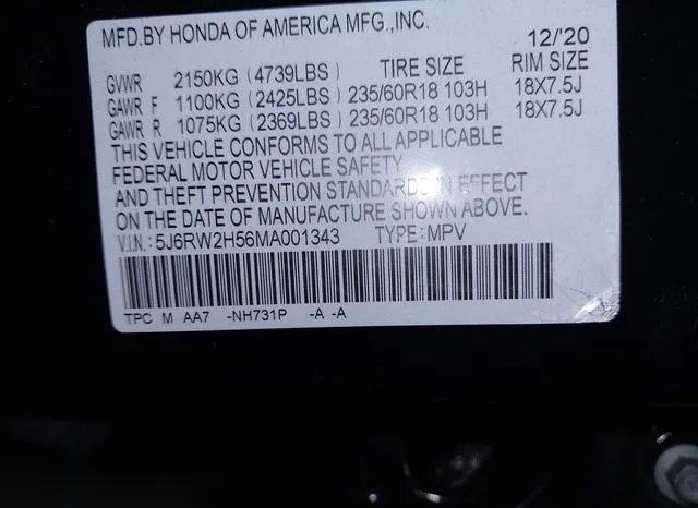 5J6RW2H56MA001343 2021 2021 Honda CR-V- Awd Ex 9