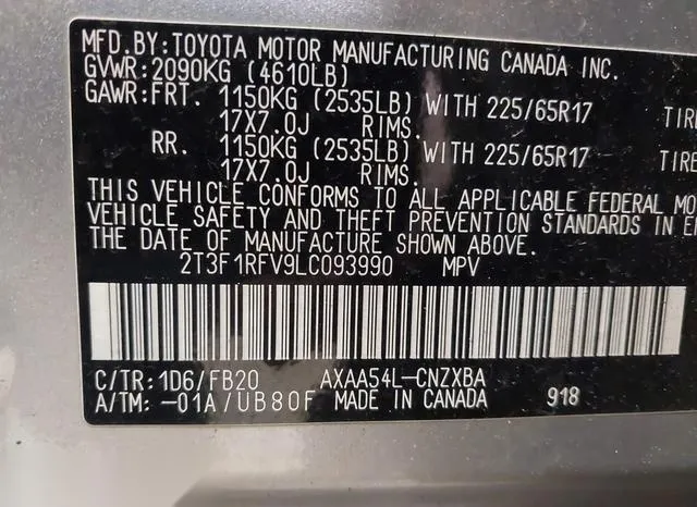 2T3F1RFV9LC093990 2020 2020 Toyota RAV4- LE 9