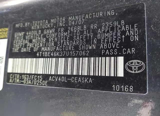 4T1BE46K37U157062 2007 2007 Toyota Camry- SE 9