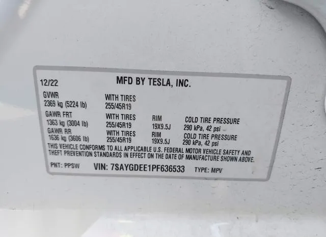 7SAYGDEE1PF636533 2023 2023 Tesla Model Y- Awd/Long Range Du 9